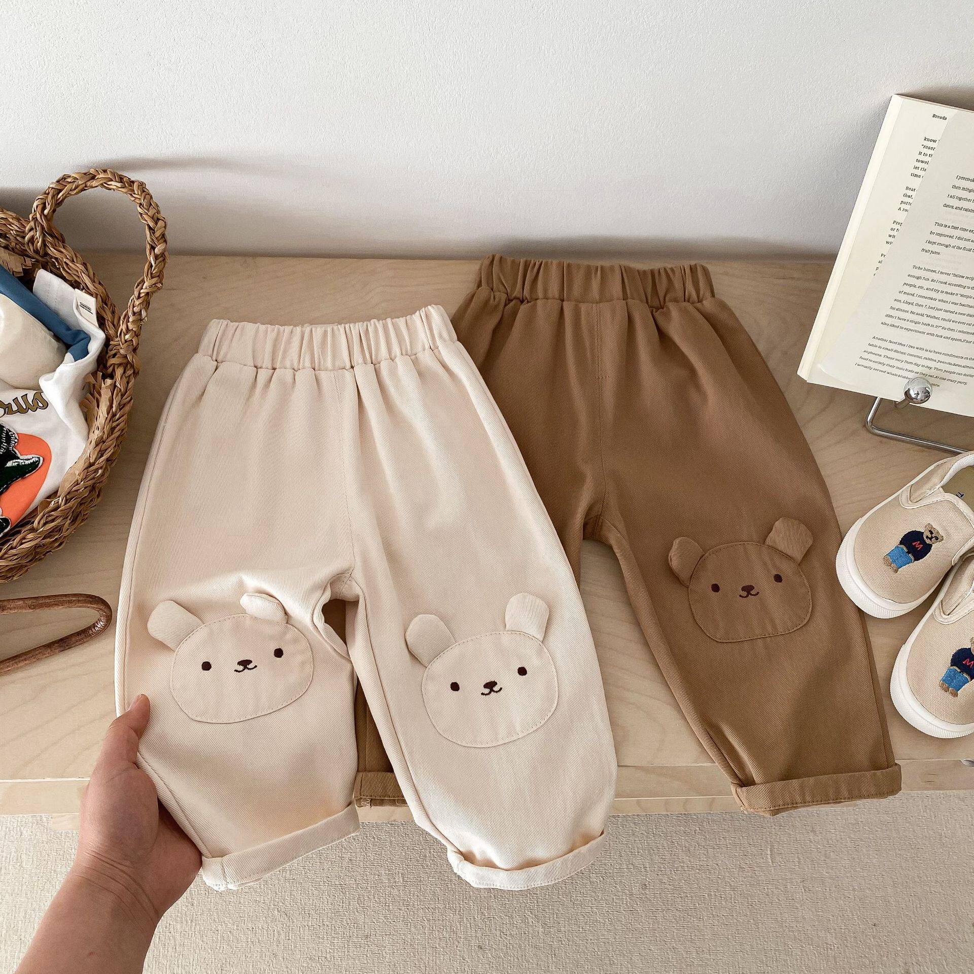 儿童纯棉小熊贴布休闲裤春秋新款男童直筒裤女童宽松纯色工装长裤