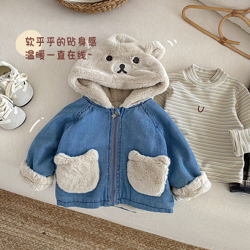 儿童加绒加厚牛仔服冬装新款女童韩版小熊连帽外套男童仿兔绒上衣
