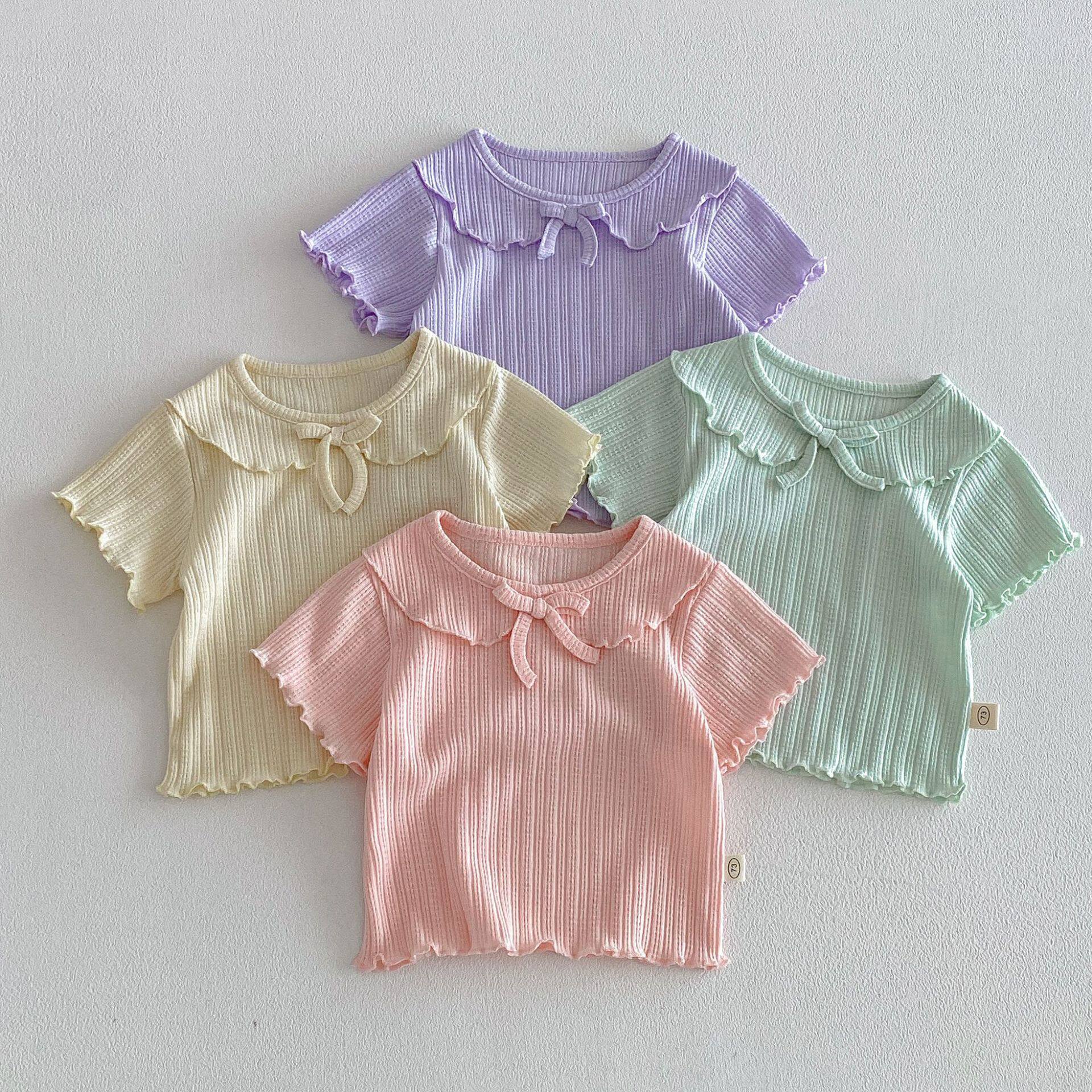 女童薄款木耳边T恤2026新款夏季宝宝洋气翻领短袖上衣儿童娃娃衫