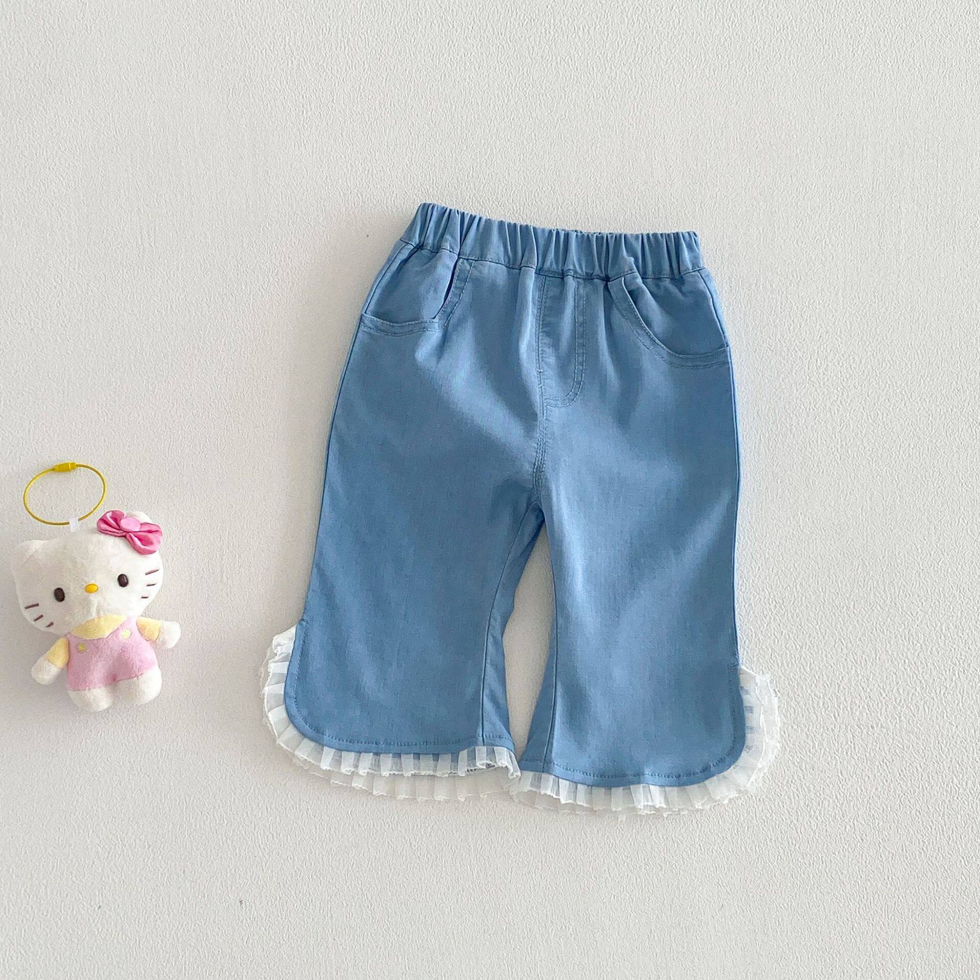 女童韩版喇叭裤2026新款夏季宝宝洋气花边牛仔裤儿童软牛仔七分裤
