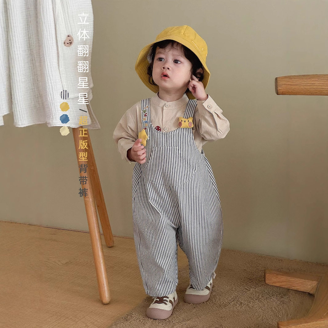 宝宝纯棉卡通牛仔裤2025春秋新款女童韩版条纹背带裤男童宽松长裤