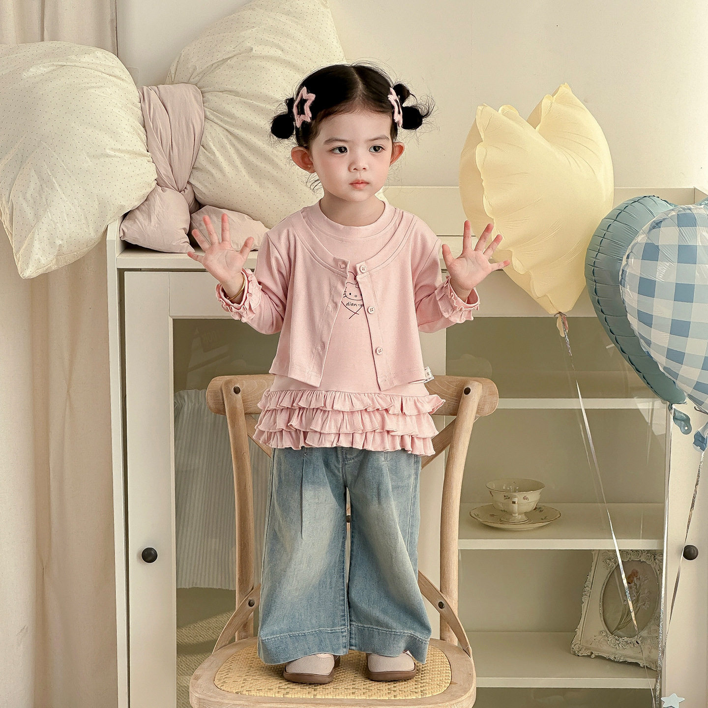 女童卡通印花卫衣2026春装新款假两件上衣韩版女孩多层花边T恤潮