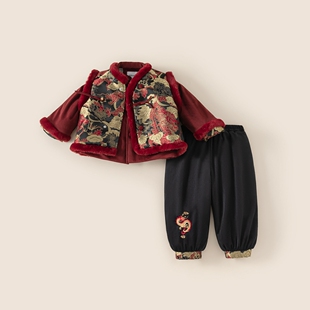 男童加绒加厚拜年服套装冬装新年衣服儿童唐装新中式国风三件套潮