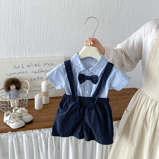 男童夏装套装2026新款儿童韩版领结衬衫男孩学院风背带短裤两件套