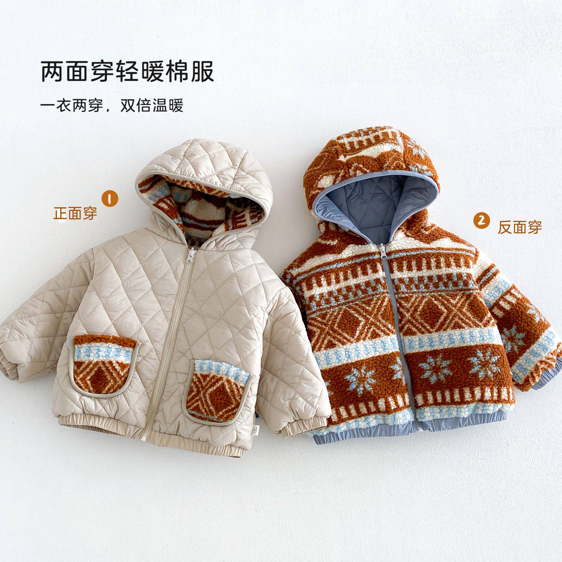 男童双面穿撞色连帽加绒保暖棉服