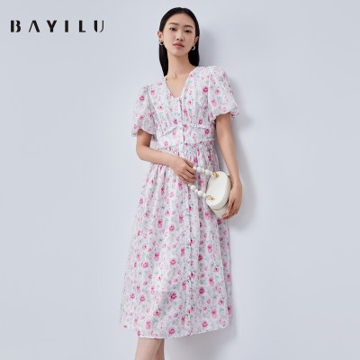 芭依璐BAYILU 2025夏季新款女法式提花镂空v领收腰显瘦长裙连衣裙