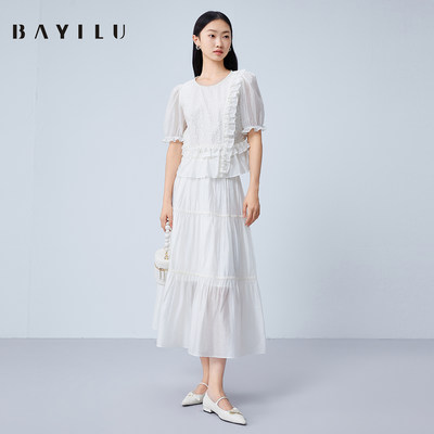 芭依璐BAYILU 2025夏新女法式百搭圆领上衣纱半裙两件套女套装裙