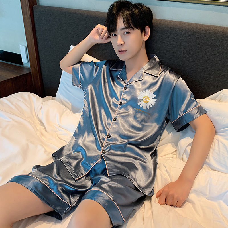 冰丝男士睡衣春夏季短袖薄款夏天青少年丝绸男式家居服加大码套装