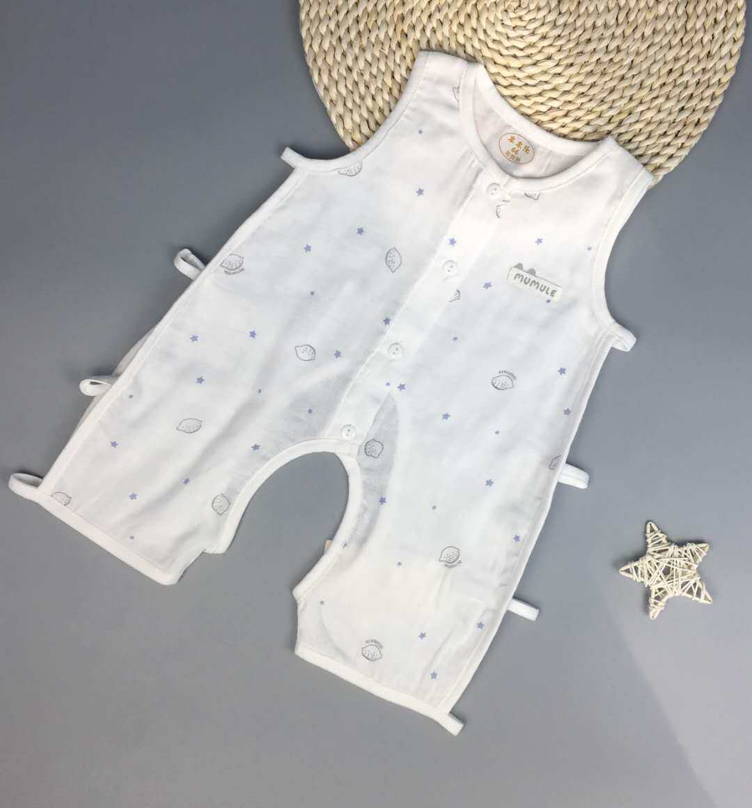 木木乐夏婴幼儿童纱布连体衣服宝宝琵琶连身衣镂空无袖爬服哈衣薄