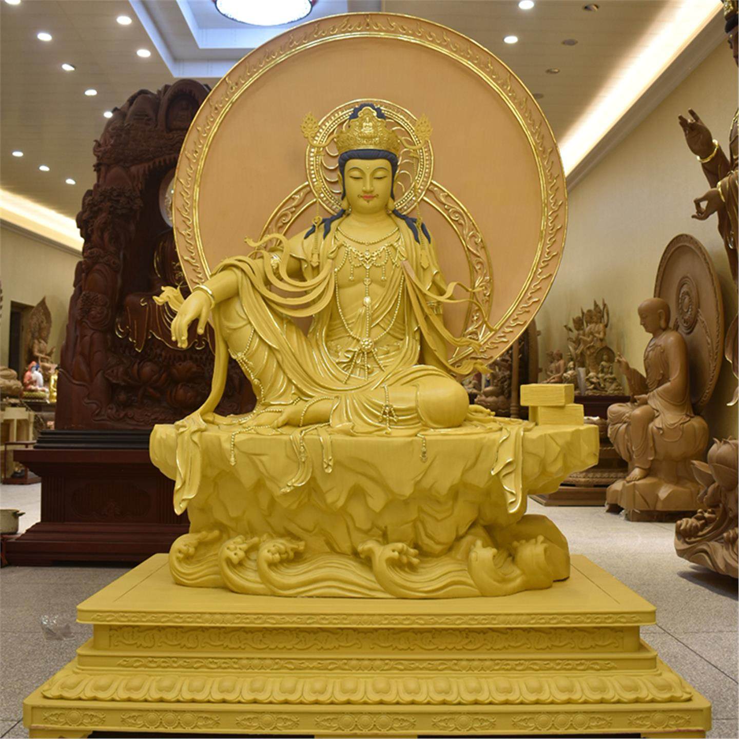 木雕水月观音工艺品释迦牟尼佛像描金西方三圣摆件供奉观世音菩萨