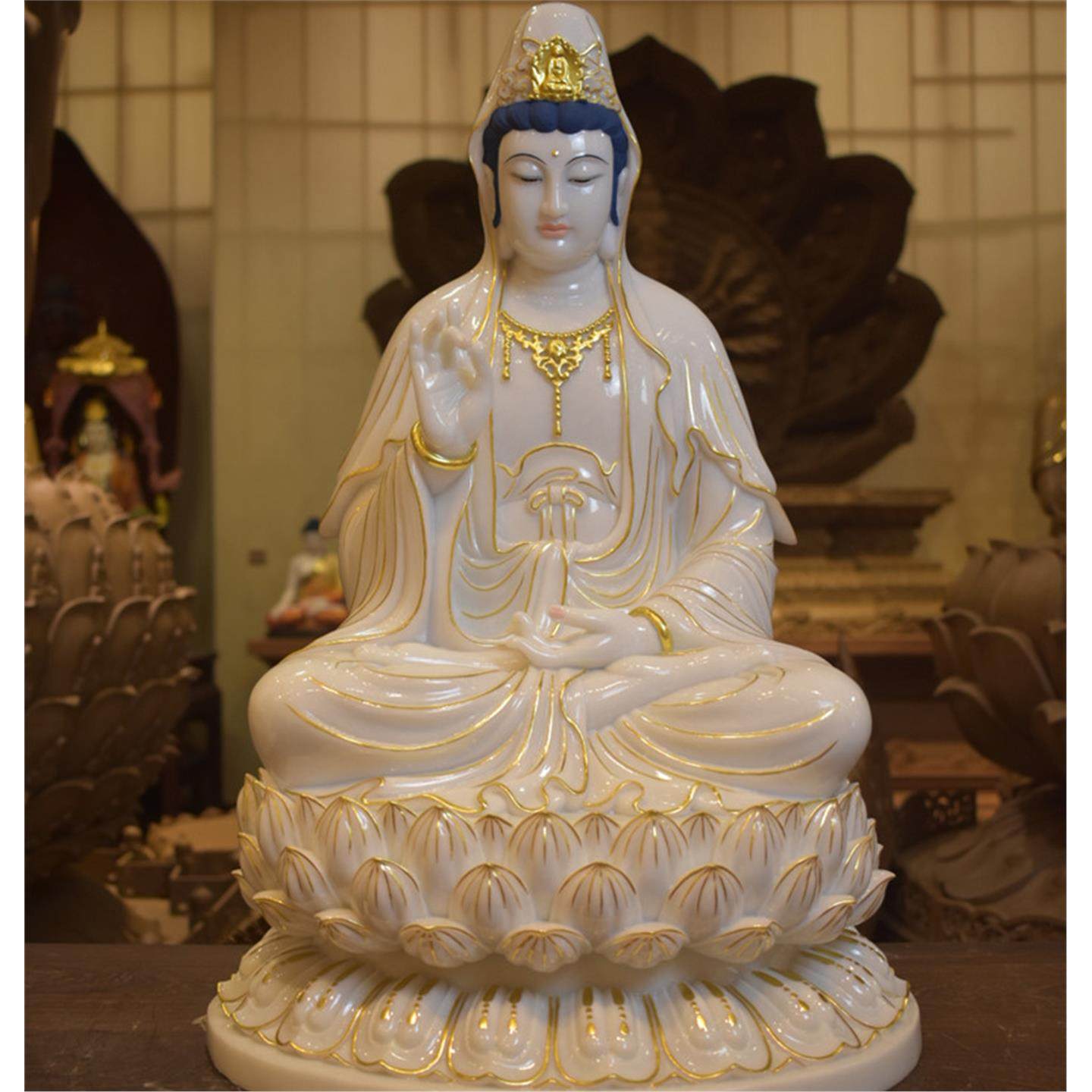 汉白玉观音菩萨描金家用保平安礼品工艺品装饰摆件南海观世音佛像