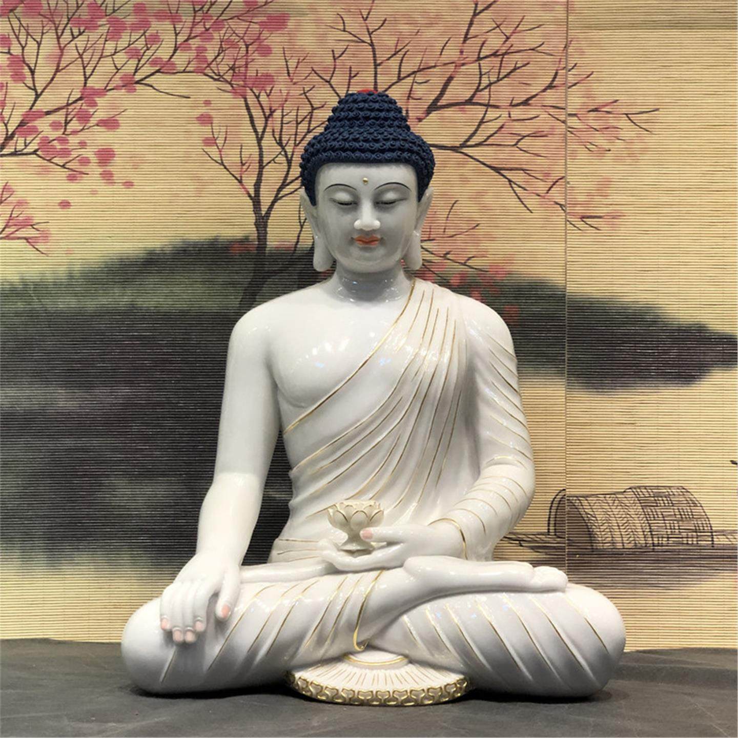 汉白玉描金释迦牟尼佛药师佛三宝佛玉雕莆田家居供奉佛像