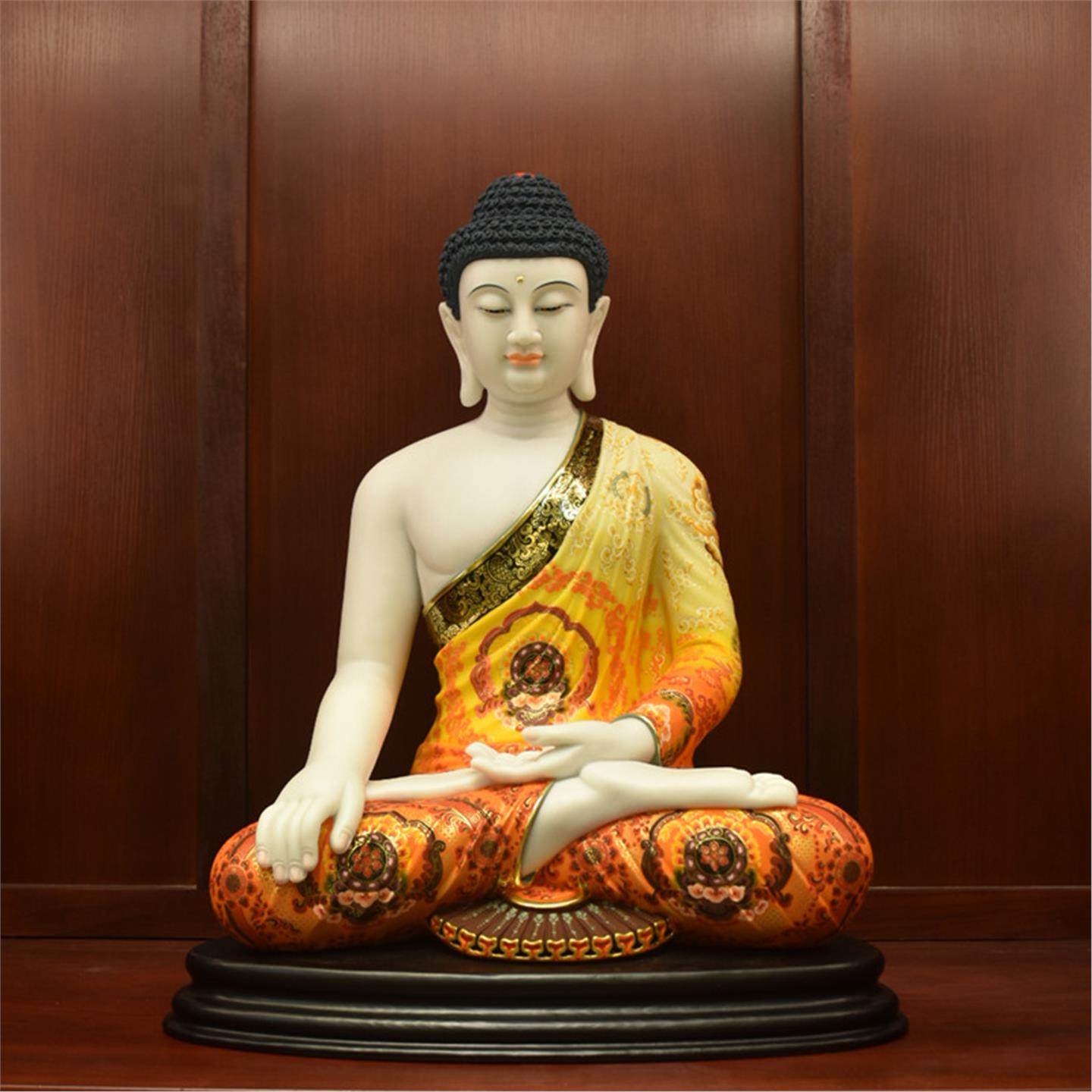 汉白玉彩绘释迦牟尼佛像摆件药师阿弥陀佛寺庙供奉三宝佛如来佛祖