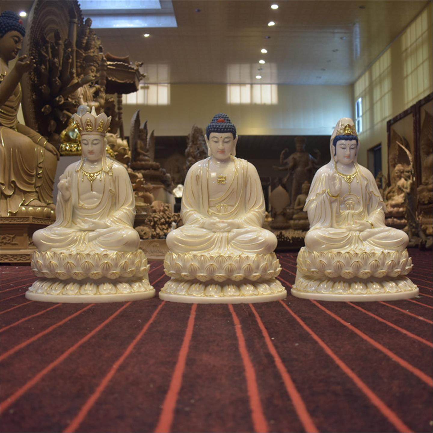 汉白玉描金娑婆三圣居家供奉摆件工艺品观音菩萨地藏王释迦牟尼佛