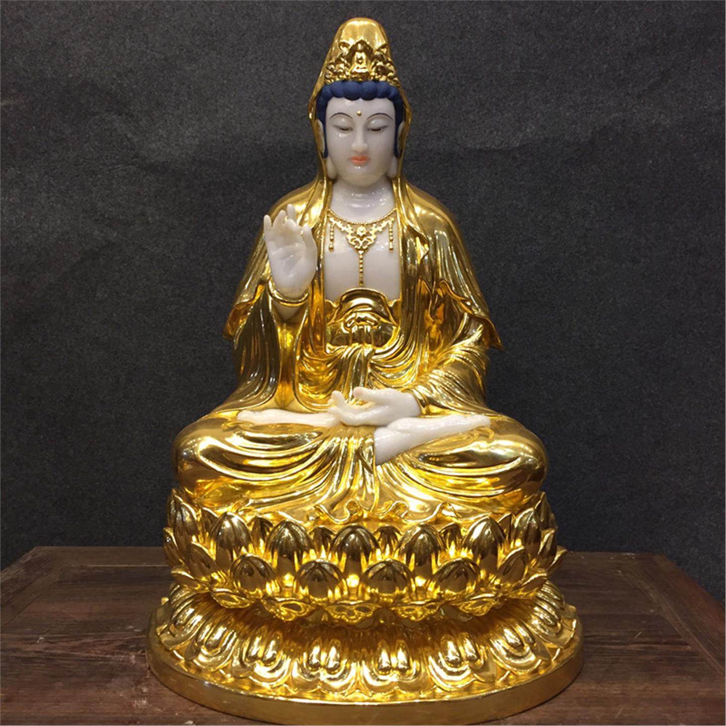 汉白玉观音菩萨贴金佛像居家玄关供奉西方三圣摆件南海观世音神像