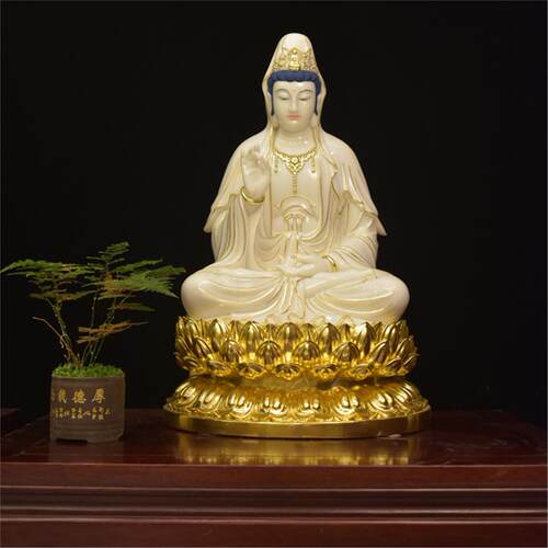 汉白玉白衣观音描金佛像玉雕莲花底座摆件工艺礼品南海观世音菩萨