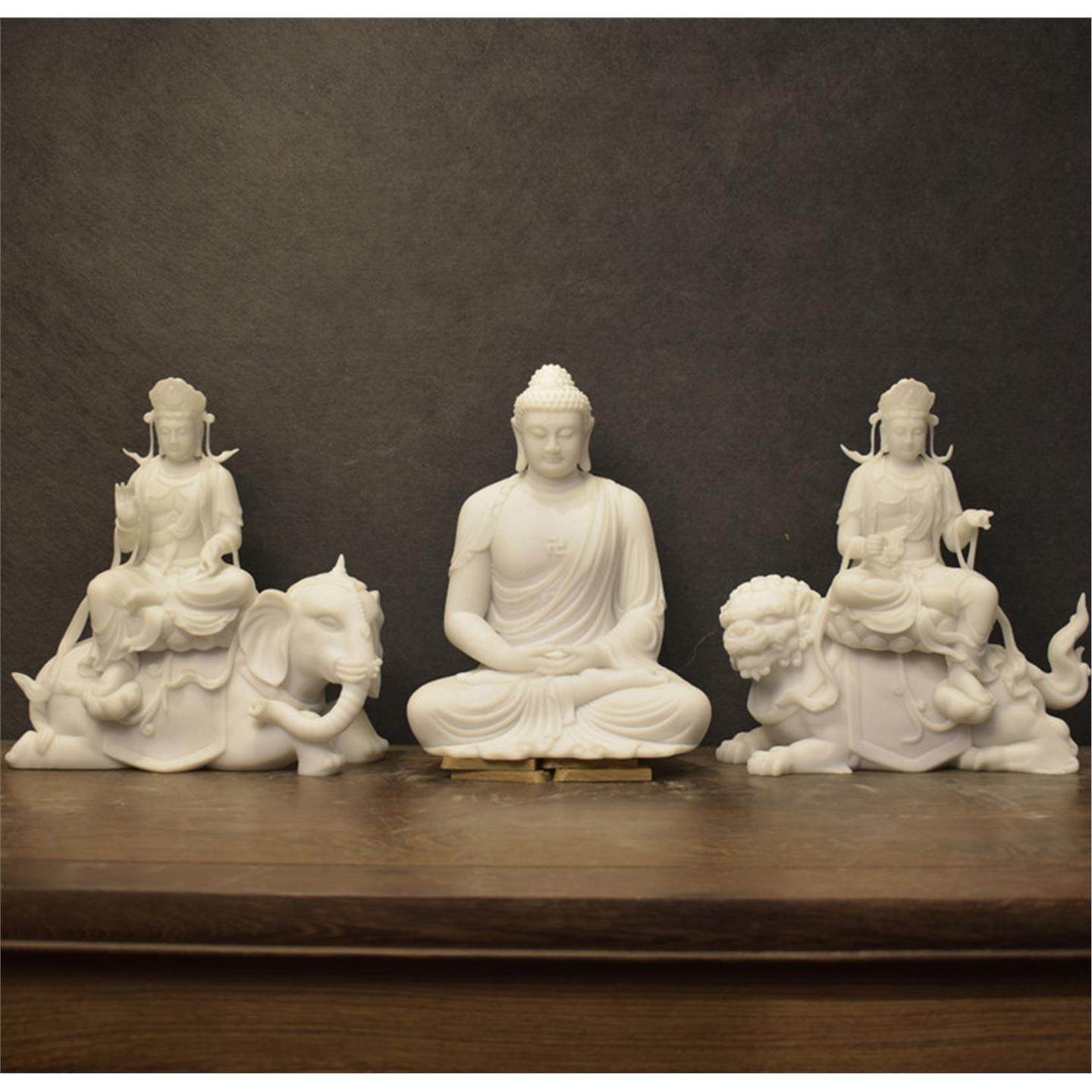 华严三圣汉白玉石雕文殊普贤佛像摆件居家供奉四大菩萨礼品工艺品