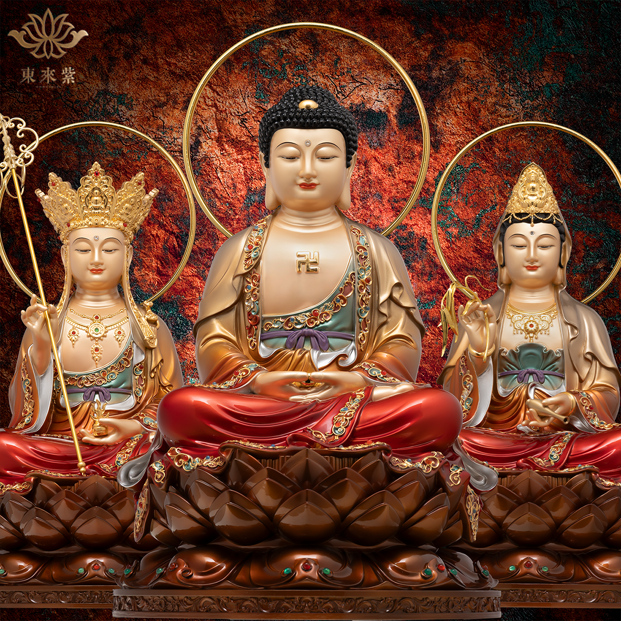娑婆三圣珐琅彩观音地藏释迦佛家用摆件菩萨摆件佛堂铜工艺品装饰