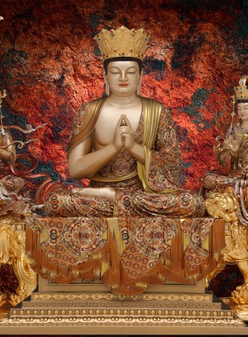 东来紫铜华严三圣宝相释迦牟尼佛文殊普贤菩萨家用京铜摆件