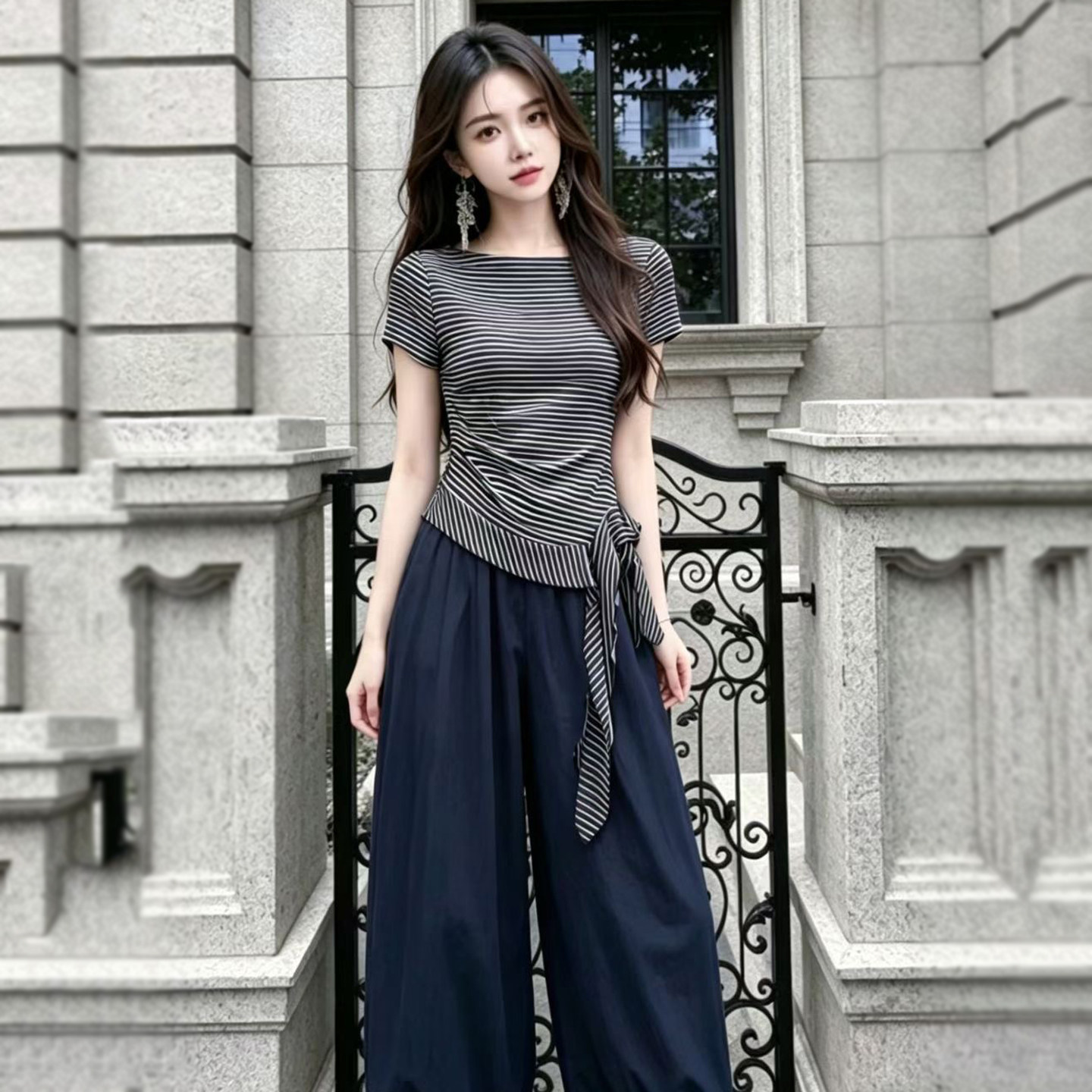 一字领小衫两件套短袖女