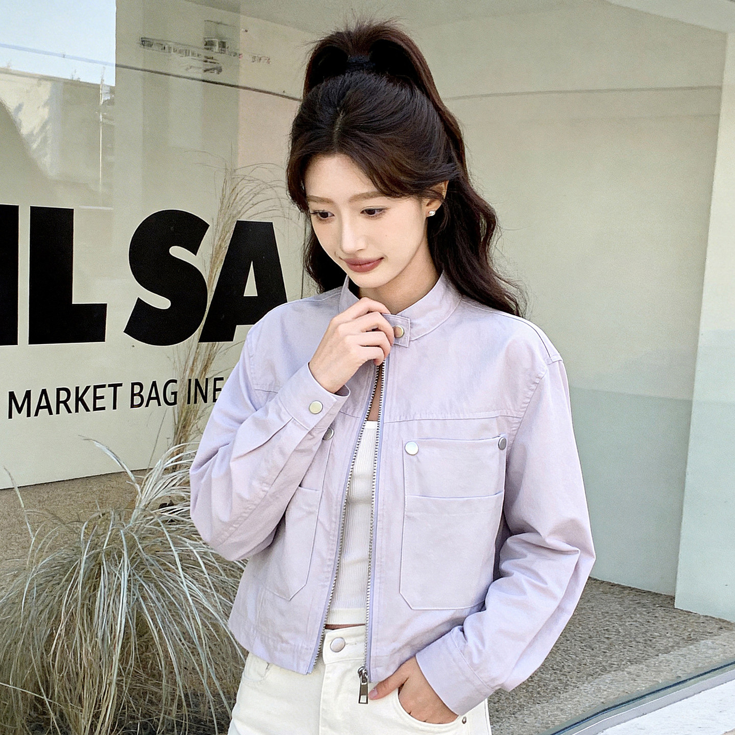 女士夹克外套薄款短款纯棉布立领简约百搭版超薄夏天可穿的女外衣