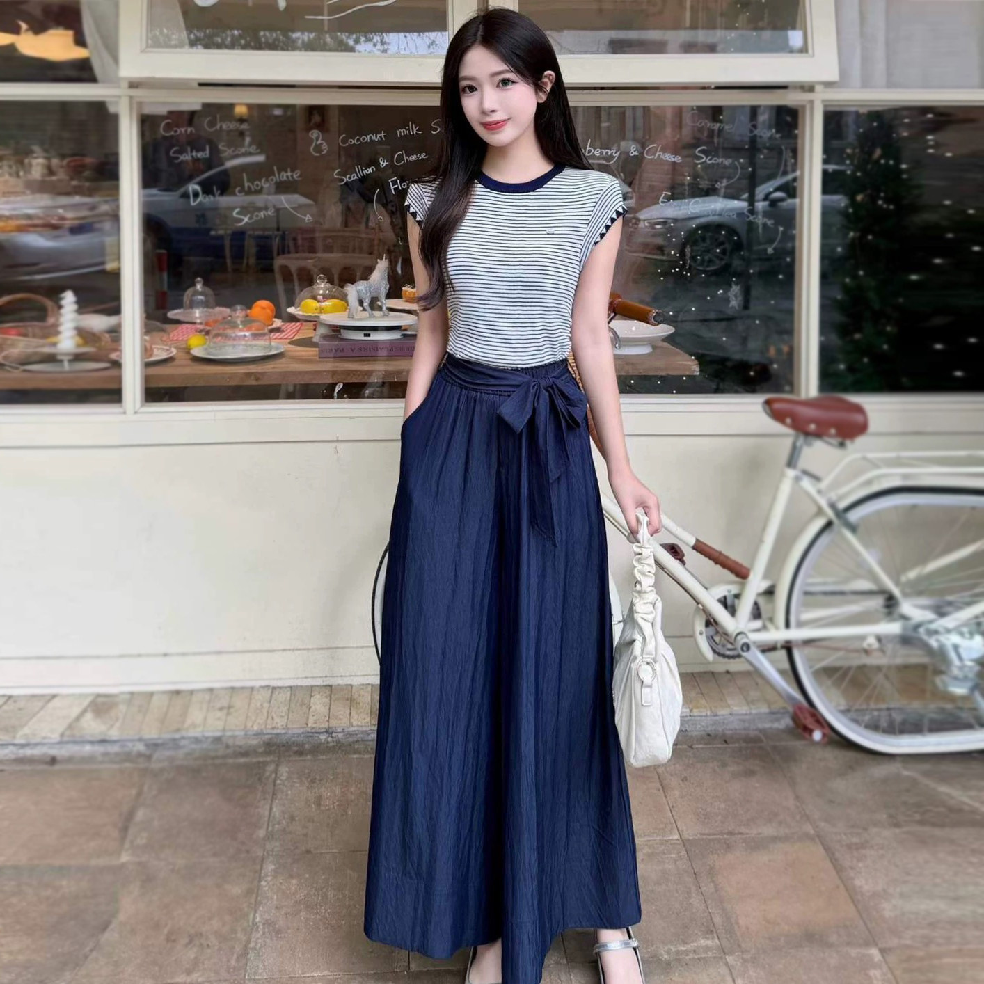蓝白条针织衫女短袖小衫+阔腿裤两件套2026夏季新款时尚减龄穿搭