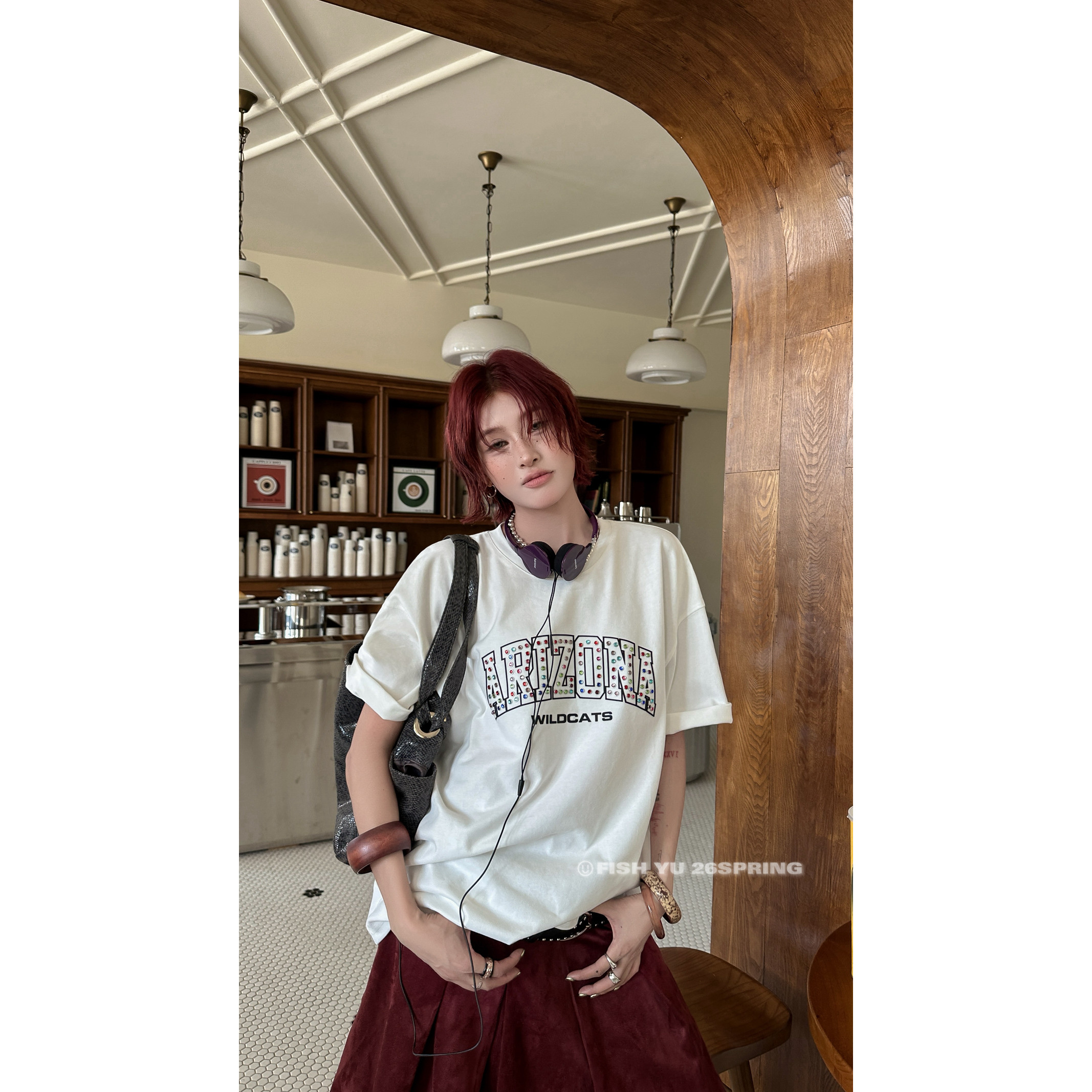 FISH YU -早春上新美式复古ARIZONA烫钻宽松圆领短袖T恤625607,女装/女士精品,T恤,淘宝优惠券,粉丝福利购,淘宝优惠卷