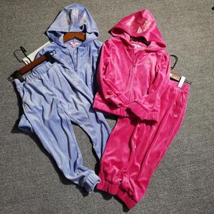 欧美单春秋款连帽两件套装运动金丝绒大中小女天鹅绒卫衣长裤