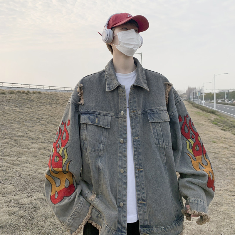 3秋季潮牌破洞刺绣宽松男嘻哈牛仔夹克XZ405-1-JK6618-P98图片