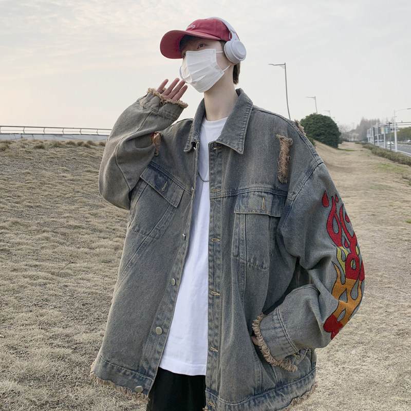 秋季潮牌破洞刺绣宽松男嘻哈牛仔夹克XZ405-1-JK6618-P98,男装夹克,星座405-1