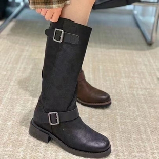 英伦女高筒骑士靴 撤柜单里粗跟圆头擦色皮带扣时尚 25秋冬季 新款