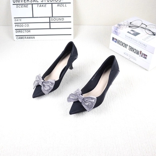 气质女单鞋 撤柜酒杯高跟尖头浅口水钻蝴蝶结绸缎法式 新款 26春秋季