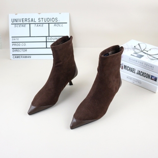 韩版 撤柜加绒细跟尖头羊京绒弹力显瘦法式 女瘦瘦短靴 新款 b4秋冬季