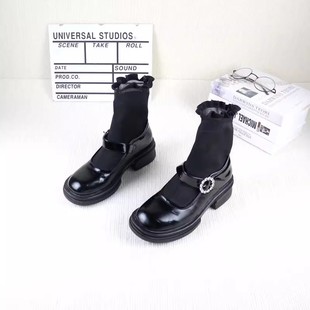 百搭女瘦瘦袜子靴 撤柜粗跟厚底圆头亮面单里显瘦时尚 07秋冬季 新款