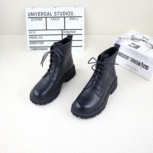 真皮粗跟厚底单里前系带女马丁靴