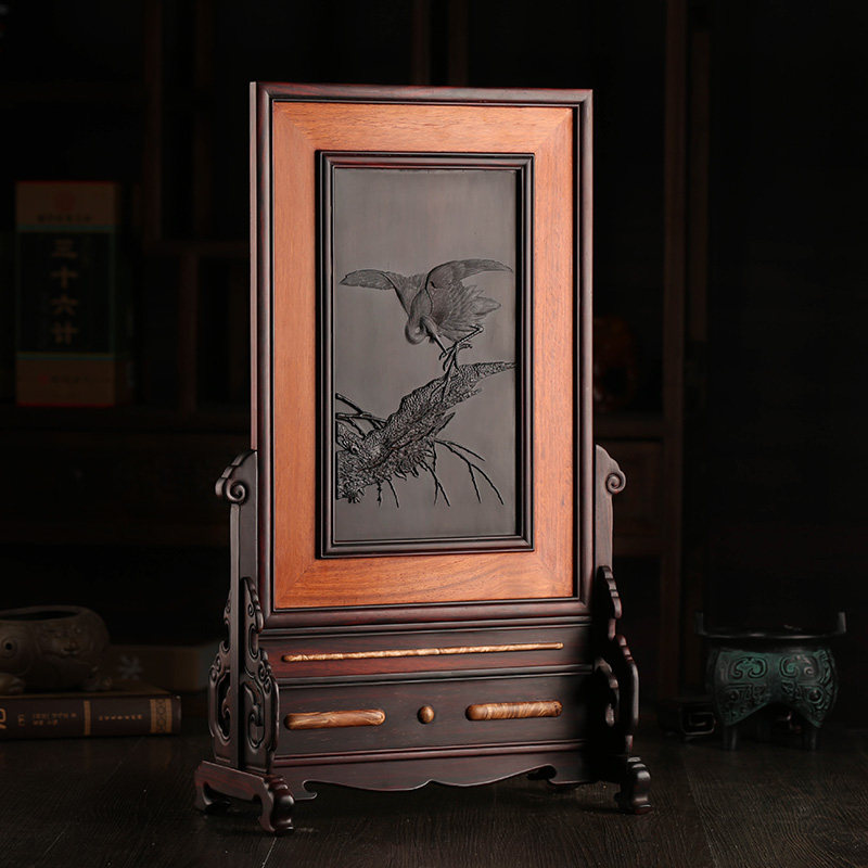 红木浮雕鸬鹚花鸟屏风插屏摆件 竖屏台屏创意家居木雕装饰品礼品