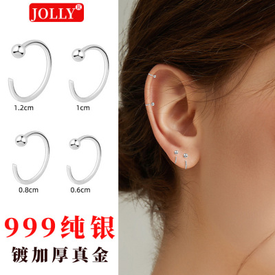 通体纯银S999实心耳环骨钉睡觉免摘耳夹日韩简约镀金小耳圆圈饰品