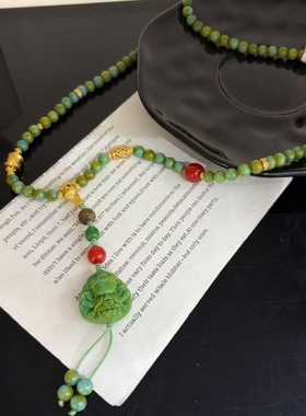 新中式复古天然碧玉项链女镀绿玉石珠链百搭毛衣链