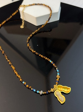 设计师款彩色小天然石串珠项链女小众高级感沙金花生发财吊坠饰品