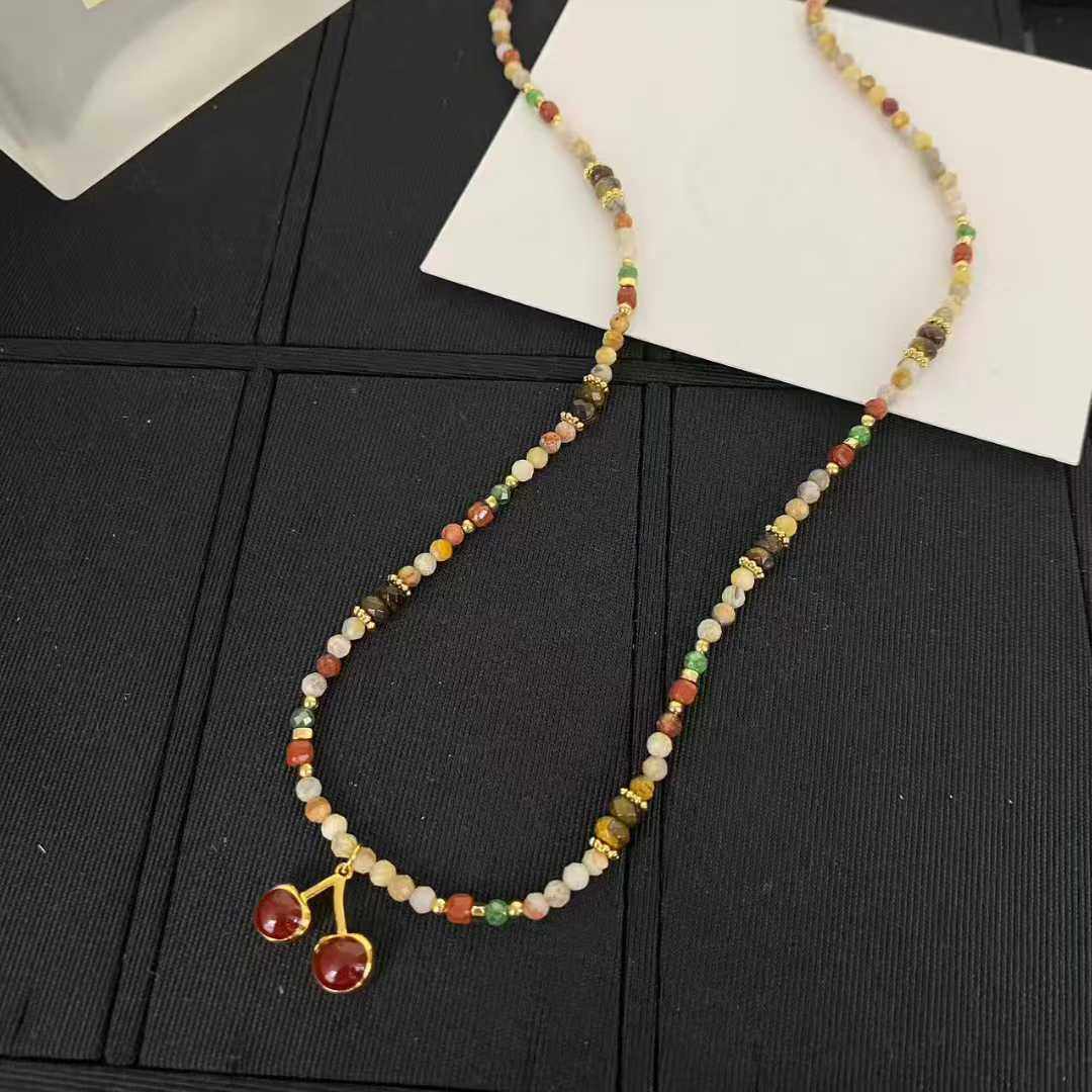 设计师款天然石串珠项链女多彩珠子领针锁骨链樱桃吊坠,饰品/流行首饰/时尚饰品新,项链,淘宝优惠券,粉丝福利购,淘宝优惠卷