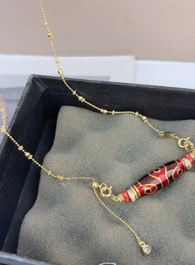 小众复古民族风珠链项链女红色琉璃吊坠金色链条饰品