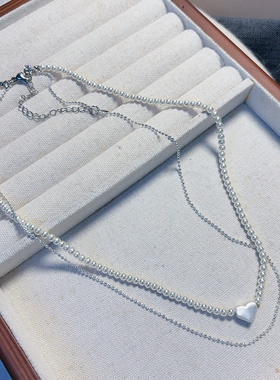 韩版双层珍珠项链女简约百搭拉丝银爱心吊坠锁骨链叠戴链