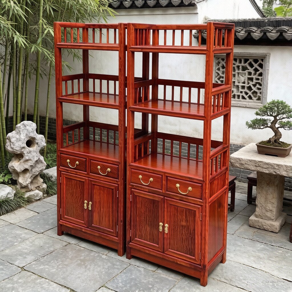 大果紫檀缅甸花梨木圆博古架实木置物展示架红木茶室多功能茶叶架