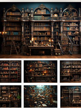哈利波特魔法学院欧式复古图书馆书房书架场景装饰室内摄影背景布