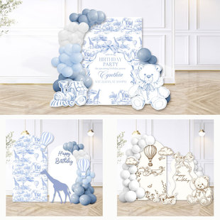 ins小红书手绘素描卡通动物主题KT板小熊热气球生日活动场景布置