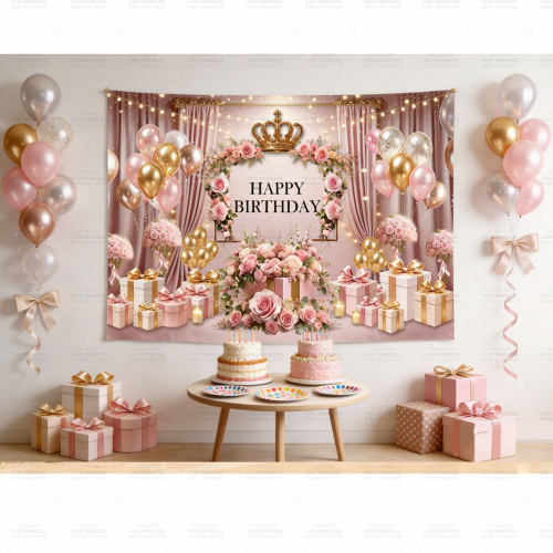 粉色女士生日背景布气球鲜花图案浪漫氛围感布置背景布