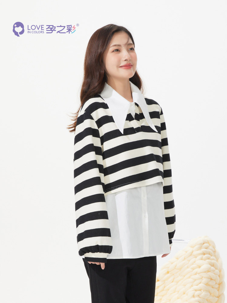 [몰에서도 같은스타일] 임부복 봄가을스타일 셔츠 스트라이프티셔츠 패셔너블한 수유투피스세트