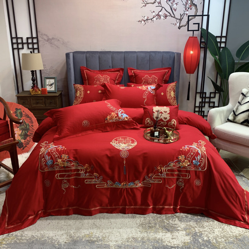 CHINESE-STYLE HIGH-END NEWLYWED DOUBLE HAPPINESS EMBROIDERED COTTON RED WEDDING FOUR-PIECE SET OF WEDDING QUILT BEDDING DOUBLE 1.8M