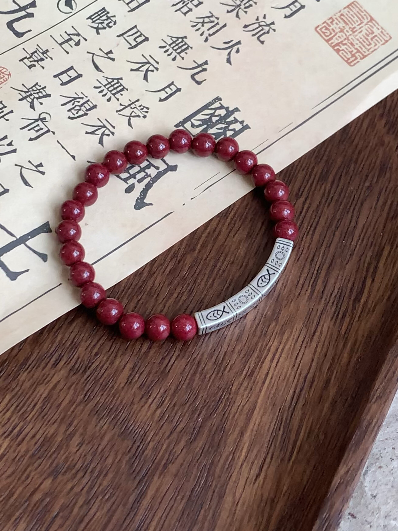 本命年朱砂手串999纯银小鱼上手链