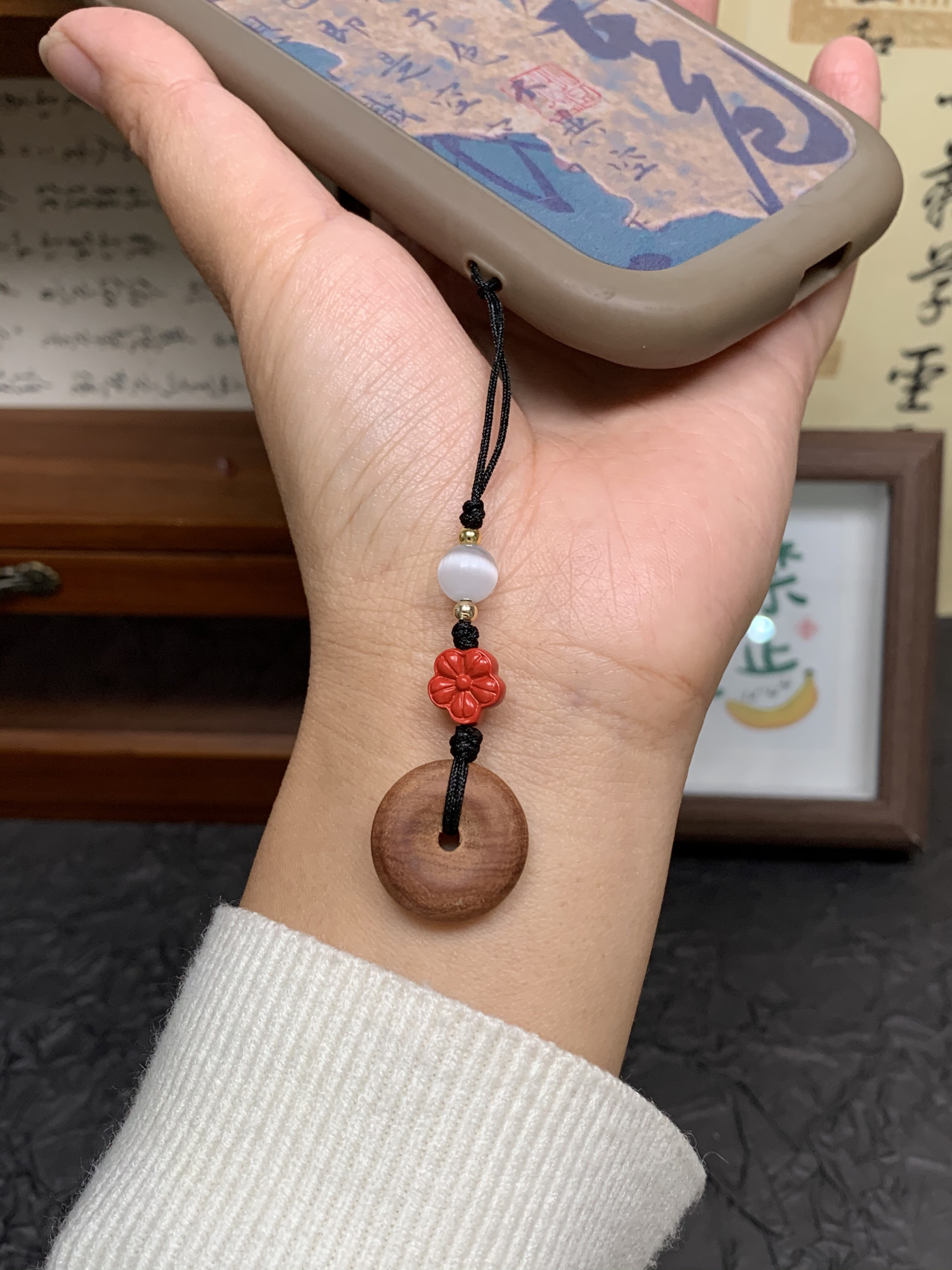 天然桃木平安扣手机链挂件男女U盘挂件护身符包挂桃木葫芦桃蓝